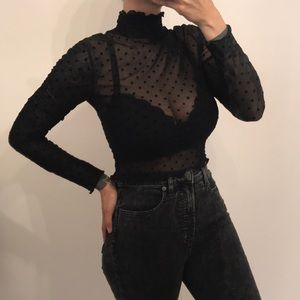 Windsor Black Sheer Polka Dot Mock Neck Top